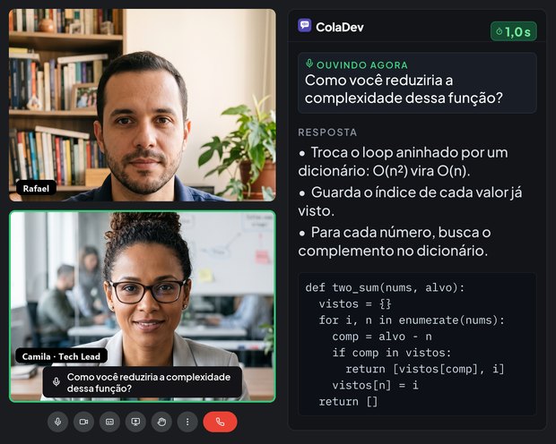 A tela do candidato durante a entrevista: a videochamada com a entrevistadora e, ao lado, o painel do ColaDev com a pergunta, a resposta em tópicos e o código.